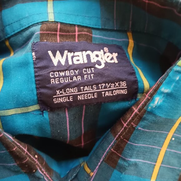 Vintage Mens Western Shirt XL Trashed Wrangler Plaid Snap 17.5x36 Long Tail 90s - Picture 8 of 8